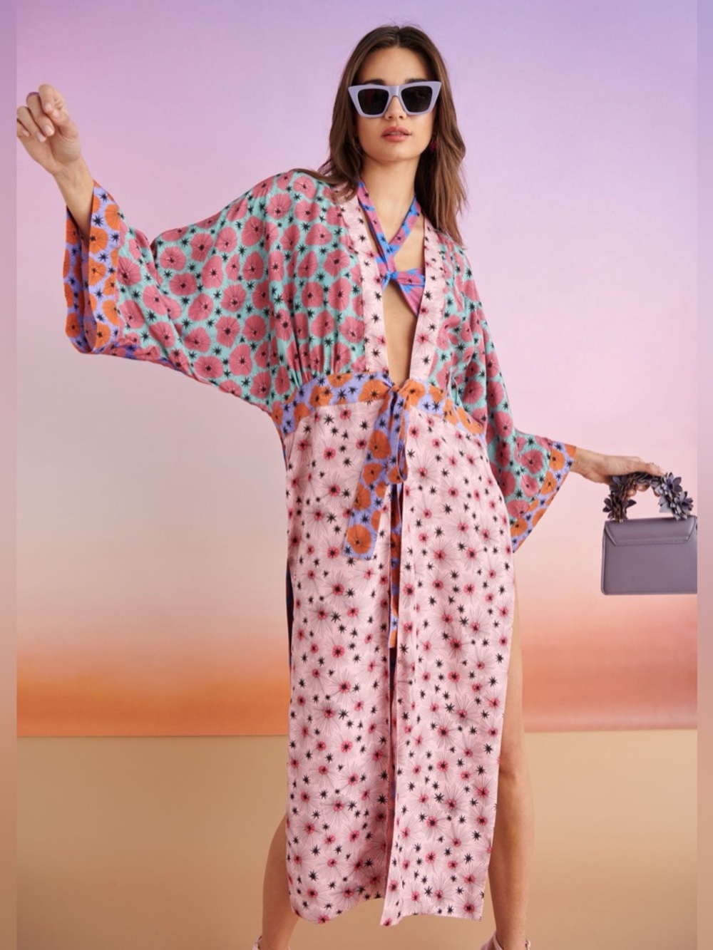 Celia B Santorini Kaftan Cover Up Kimono Robe Dress Floral